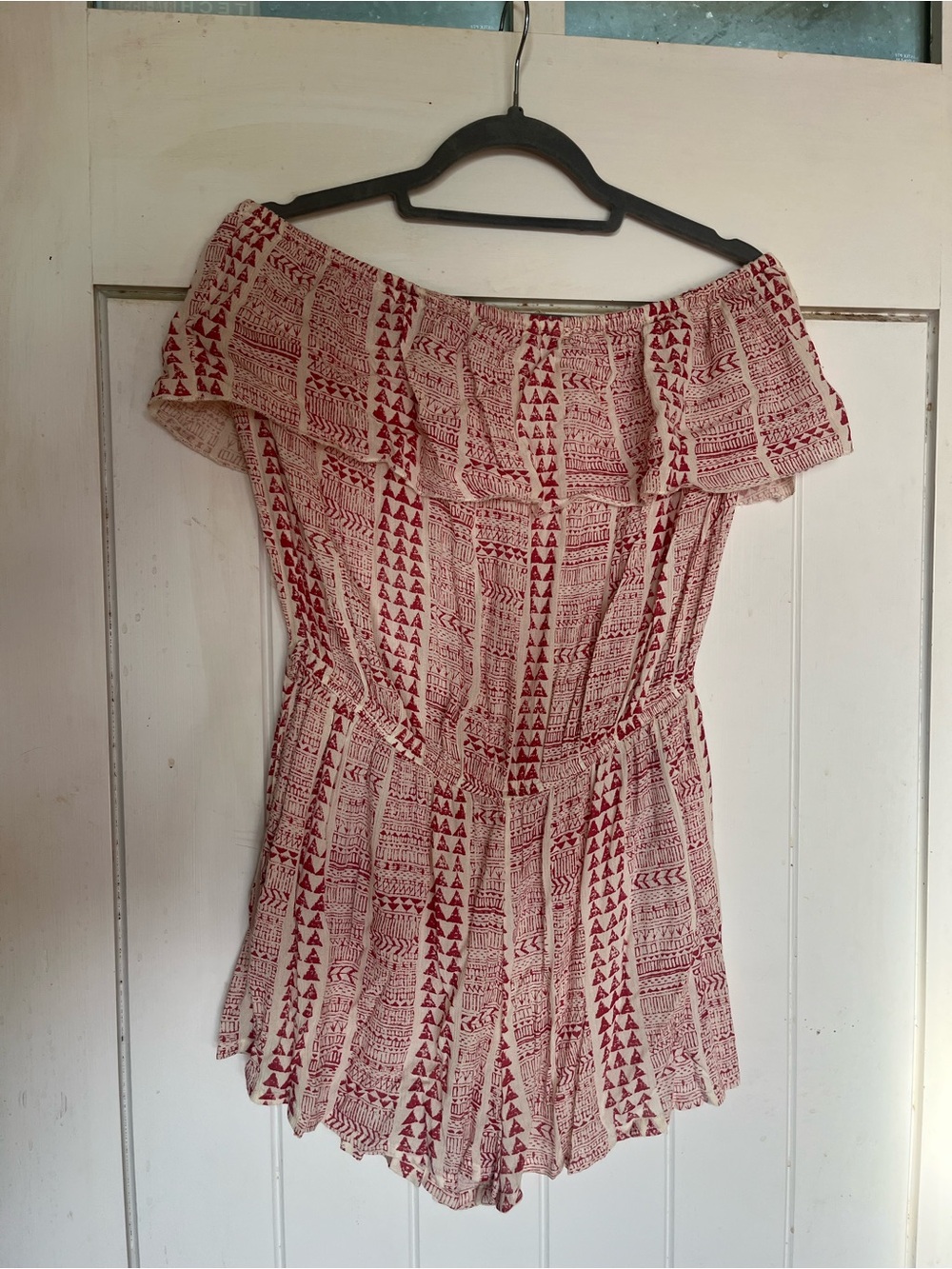 Elan Red & White Off-Shoulder Printed Romper Dress